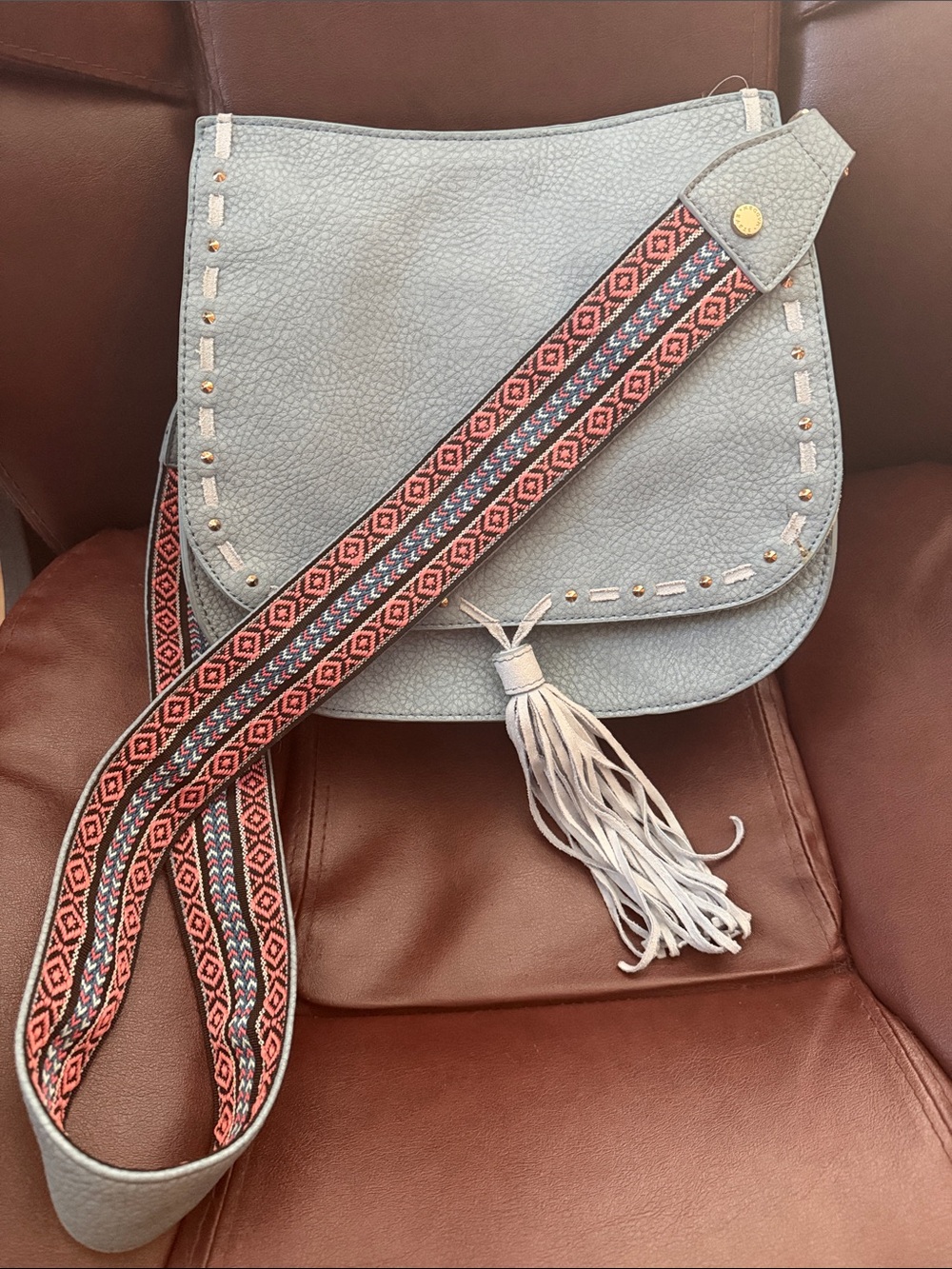 Steve Madden Light Blue Leather Tassel Crossbody with Patterned Strap